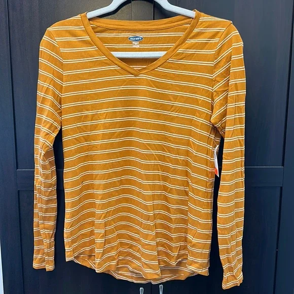 Old Navy Everywear Small Yellow Striped Long Sleeve Tee Shirt NWT - Picture 1 of 4